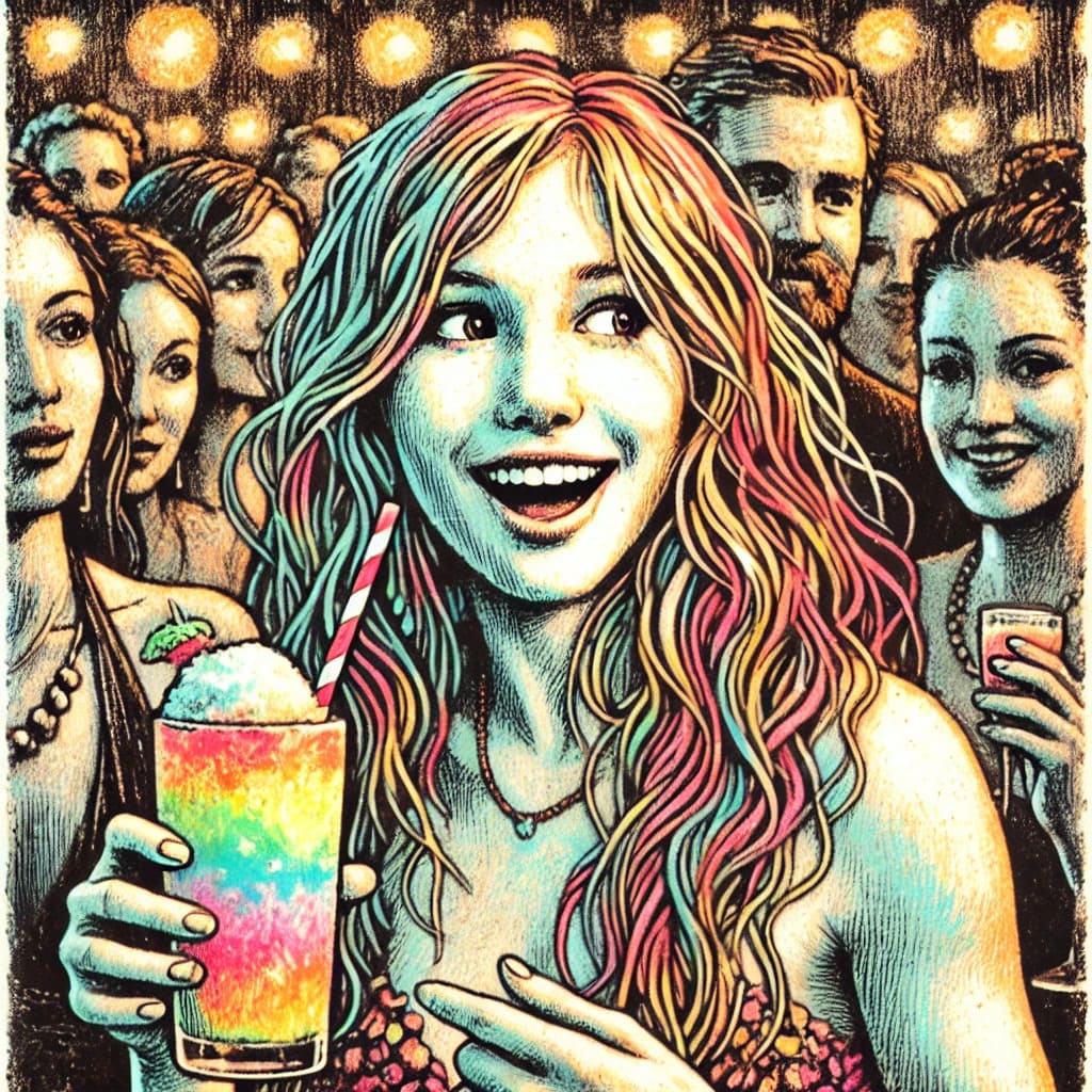 Illustration : une jeune femme souriante tient un verre de cocktail arc-en-ciel dans une foule festive sous des lumières chaudes.